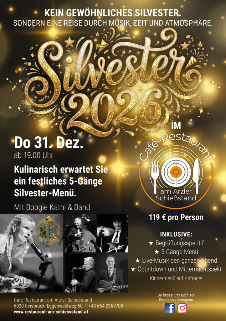 Flyer Silvester 2026 im Café-Restaurant am Arzler Schießstand