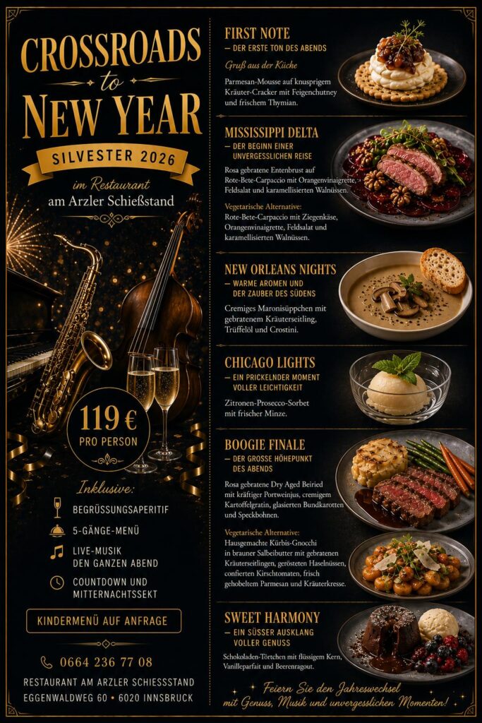 Menükarte Crossroads to New Year – Silvester 2026