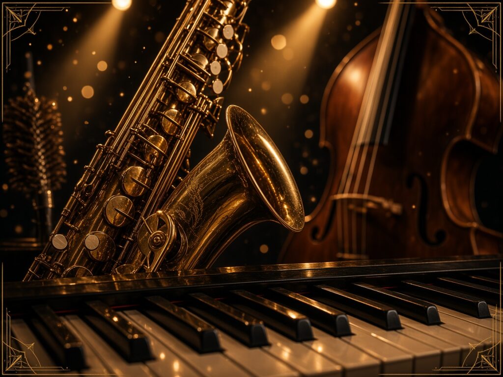 Saxofon, Kontrabass und Klaviertasten im warmen Bühnenlicht