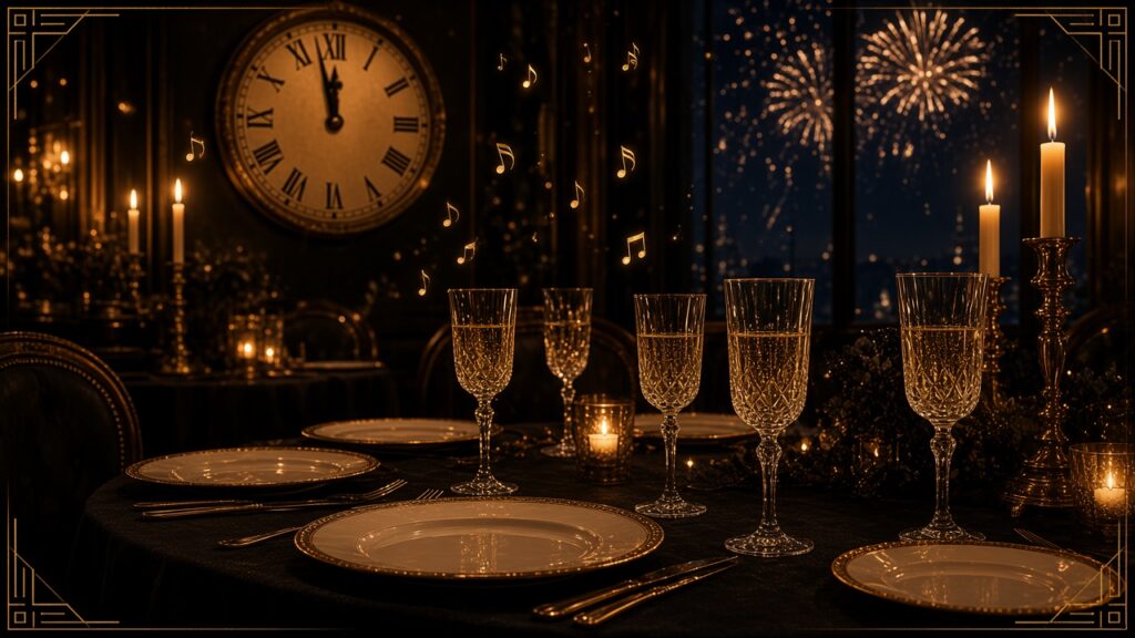 Festlich gedeckter Silvestertisch mit Kerzen, Uhr und Feuerwerk