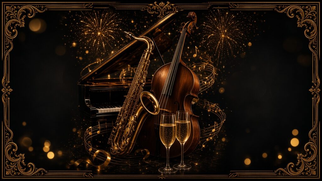 Klavier, Saxofon und Kontrabass vor goldenem Silvesterfeuerwerk