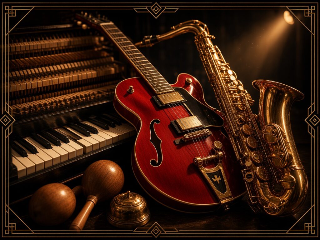 Klavier, Gitarre, Saxofon und Percussion in goldenem Bühnenlicht